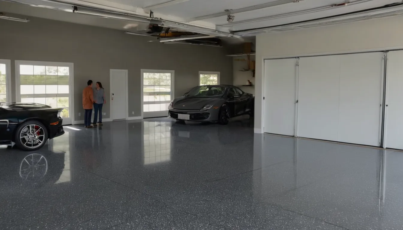 A freshly coated epoxy garage floor with gray flakes in a Tinley Park home